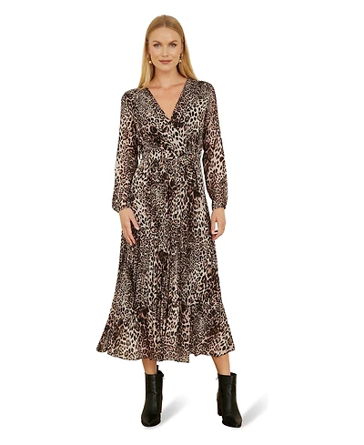 Yumi Women's Leopard Print Long Sleeve Midi Dress