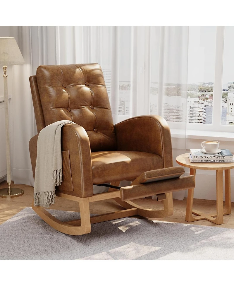 gaomon Modern Nursery Rocking Chair, Pu Leather Upholstered Rocking Chair with Footrest, Comfortable Rocker Recliner with Side Pocket