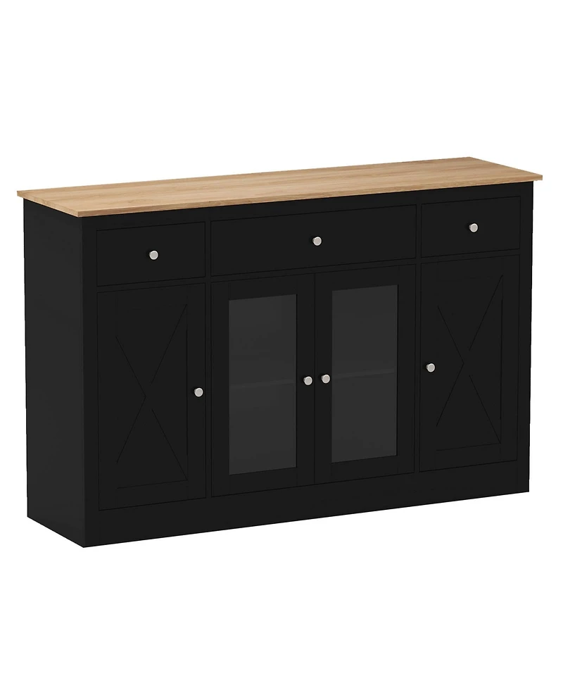 Gouun 55 Inch Large Buffet Sideboard with 3 Drawers and 2 Glass Doors