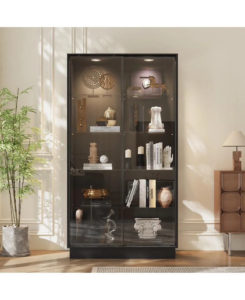 Homsee 2-Door Sliding Glass Display Cabinet - Modern Wood and Aluminum Bookshelf with Led Lighting for Living Room or Office