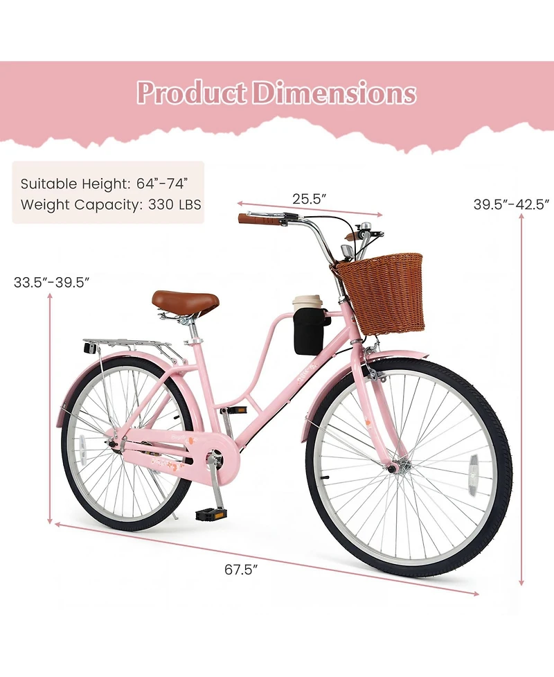 Gymax 26-Inch Beach Cruiser Bike with Adjustable Seat Woven Basket and Rear Rack for City