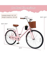 Gymax 26-Inch Beach Cruiser Bike with Adjustable Seat Woven Basket and Rear Rack for City