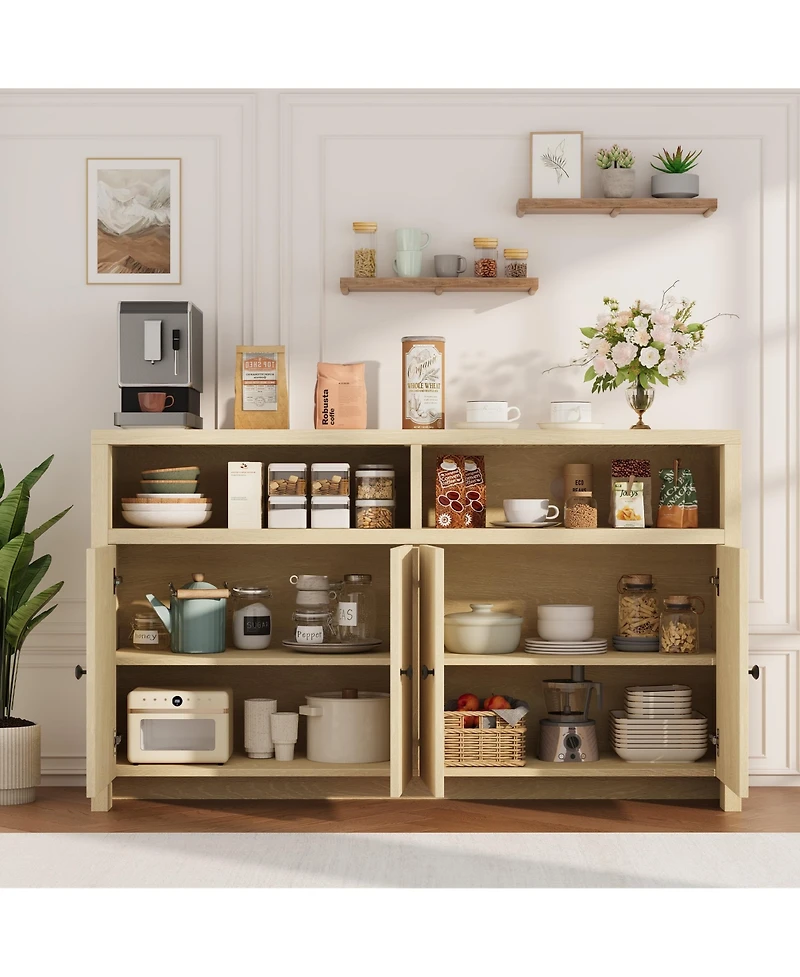 homfan Farmhouse Buffet Sideboard with Storage, 55 Inch Cabinet 4 Doors and Adjustable Shelves, Multi-Purpose Coffee Bar