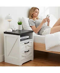 homfan Farmhouse Nightstand Set of 2 with Charging Station, 2 Drawers and Open Shelf, Bedside Tables for Bedroom, Living Room, or Entryway
