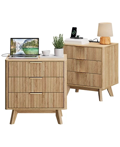 homfan Mid-Century 3-Drawer Nightstand with Charging Station, Wave Drawer Front, Anti-Tip Design, Multiple Color Options