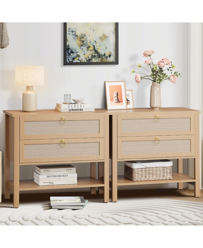 homfan Set of 2 Mid Century Modern Rattan Nightstands, Wooden Bedside Tables with Drawer and Storage Shelf, Narrow Design for Bedroom Living Room