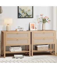 homfan Set of 2 Mid Century Modern Rattan Nightstands, Wooden Bedside Tables with Drawer and Storage Shelf, Narrow Design for Bedroom Living Room