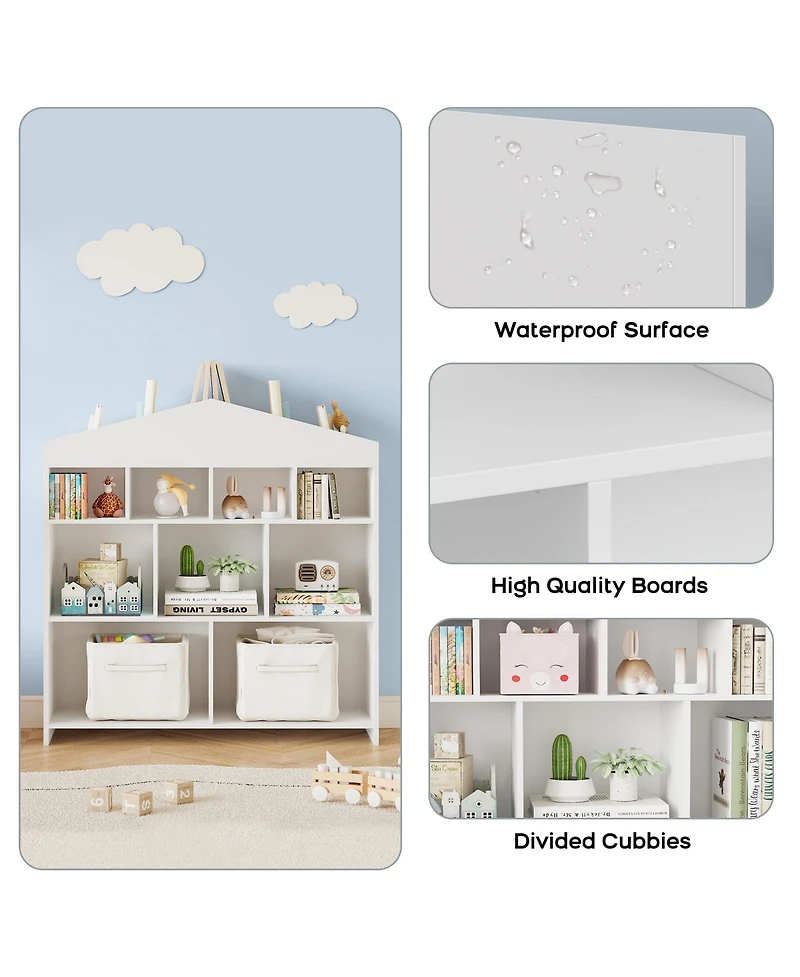 homfan Kids Bookshelf and Toy Organizer - 4-Tier 15-Cube Wooden Multifunctional Bookcase with 9-Cubby Toy Shelf, for Playroom, Nursery, Study Room