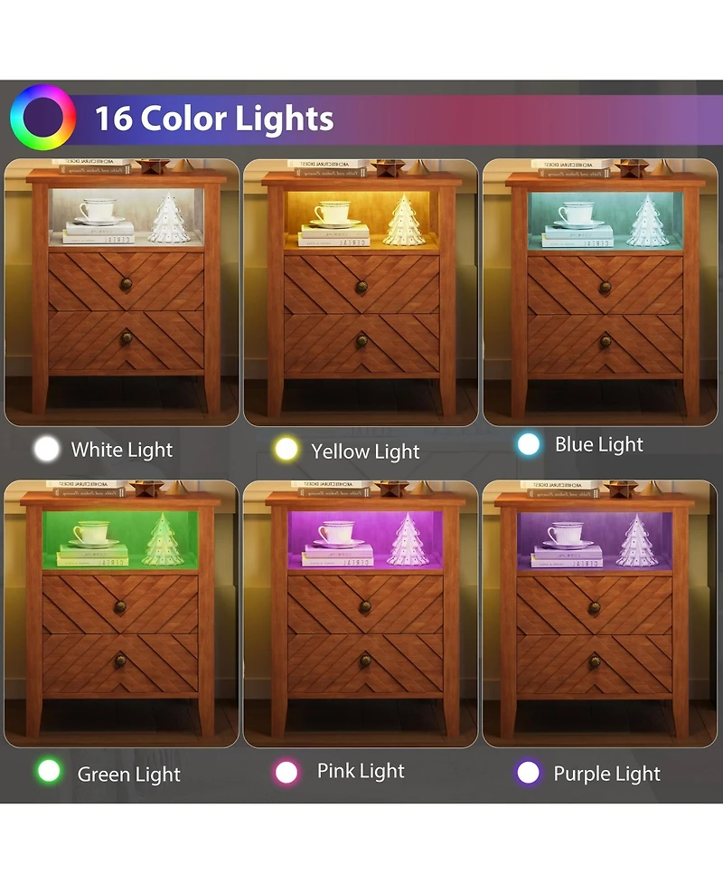 homfan Farmhouse Led Nightstand Set with 2 Drawers and Open Shelf, V-Accent Bedside Table with Wood Legs and Rgb Backlight