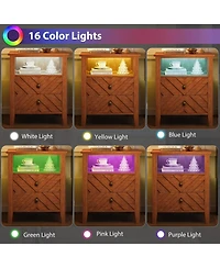 homfan Farmhouse Led Nightstand Set with 2 Drawers and Open Shelf, V-Accent Bedside Table with Wood Legs and Rgb Backlight