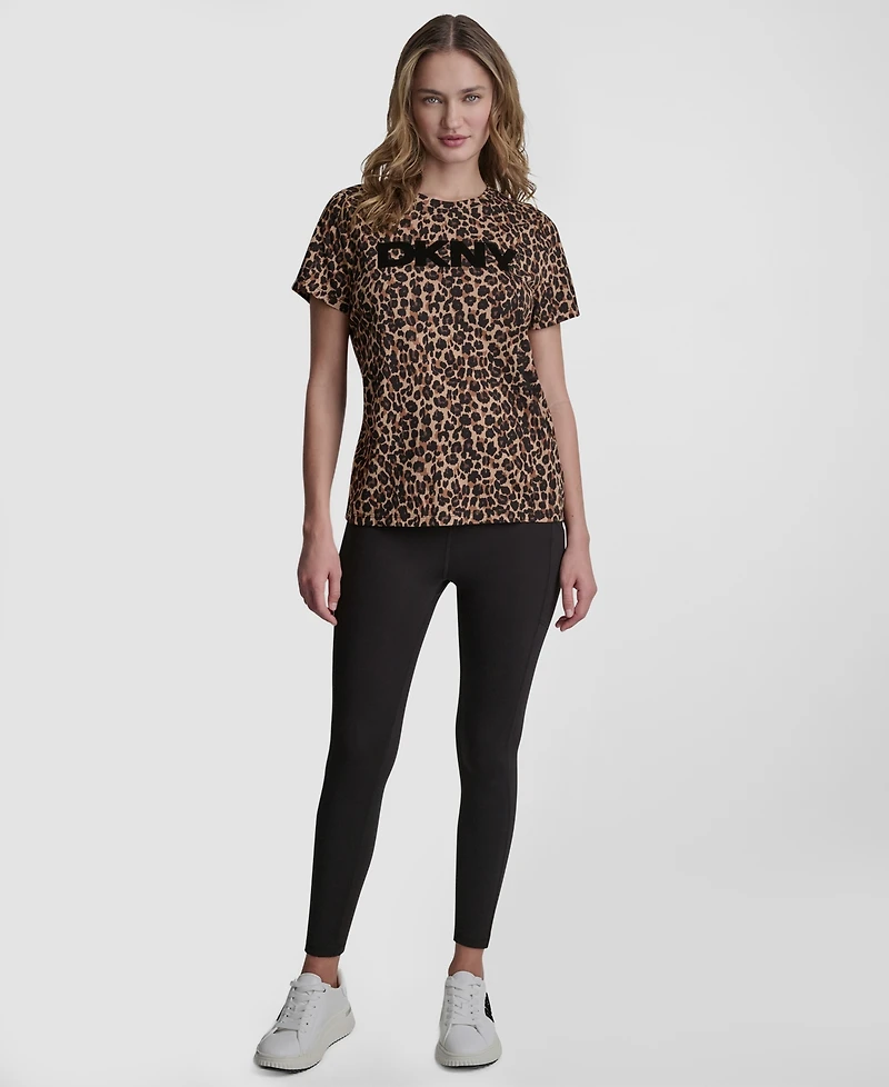 Dkny Sport Women's Foil Logo Leopard Crewneck T-Shirt
