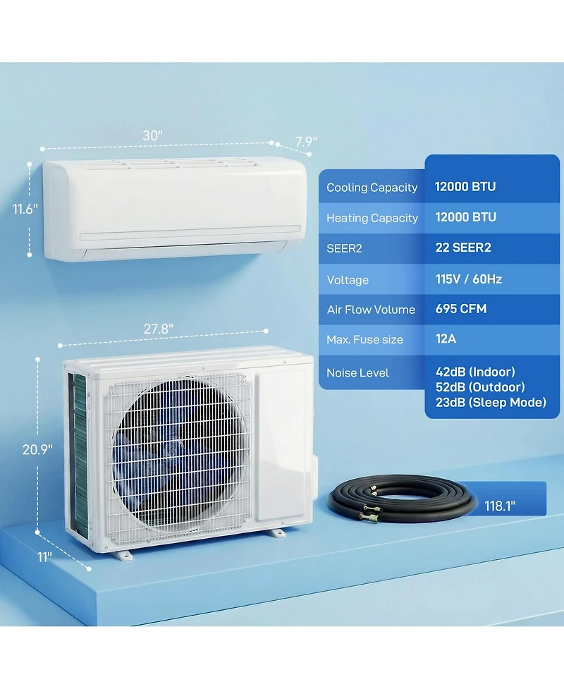 Homcom 12000 Btu Mini Split Air Conditioner, 22 SEER2 115V Ductless Ac Unit