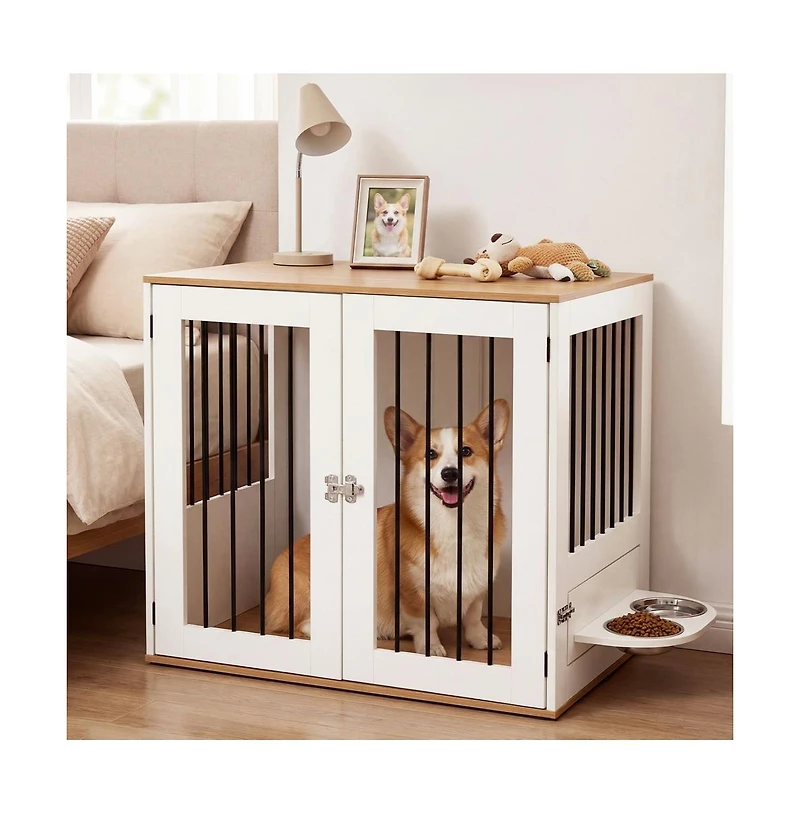 Ruie Wooden Dog Crate Furniture with Double Lock Doors and Rotating Feeder