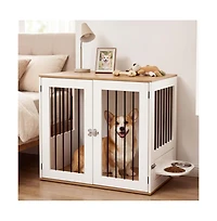 Ruie Wooden Dog Crate Furniture with Double Lock Doors and Rotating Feeder