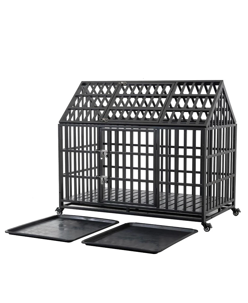 6thdruple Heavy Duty Dog House Crate Large Black Metal Kennel with Roof Door Lockable Wheels