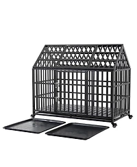 6thdruple Heavy Duty Dog House Crate Large Black Metal Kennel with Roof Door Lockable Wheels