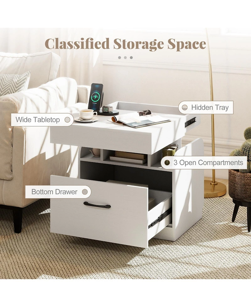 Gymax Nightstand with Charging Station Drawer and Sliding Top Storage Tray Open Shelves