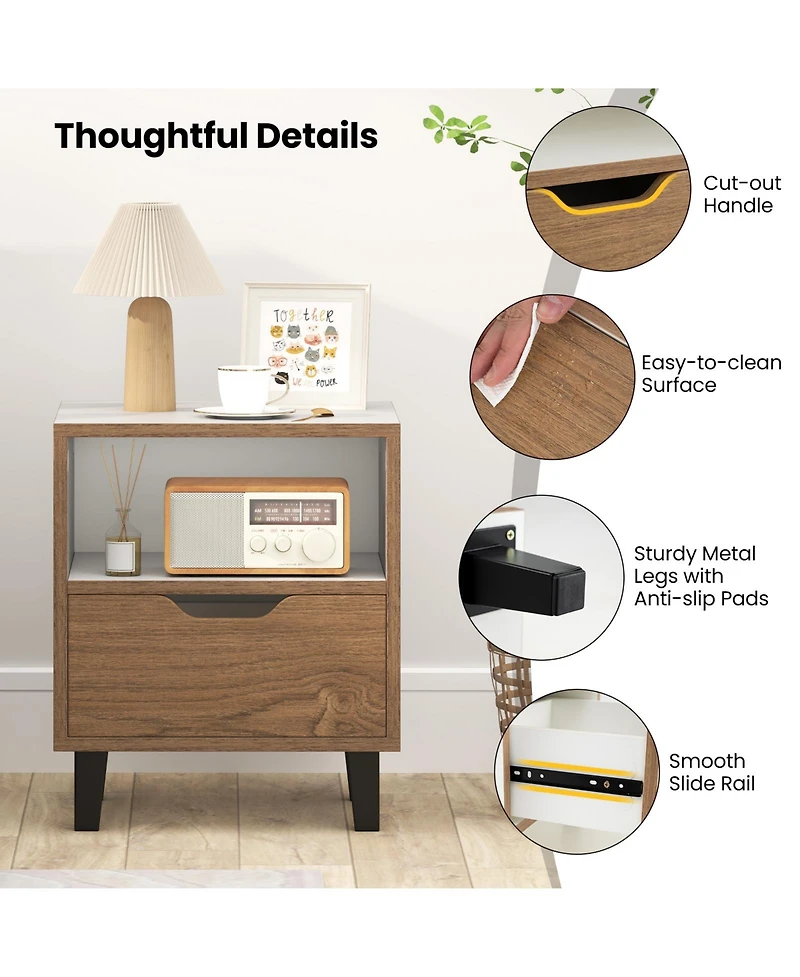 Gymax Nightstand Mid Century Modern Bedside Table with Drawer Open storage Shelf