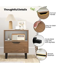 Gymax Nightstand Mid Century Modern Bedside Table with Drawer Open storage Shelf