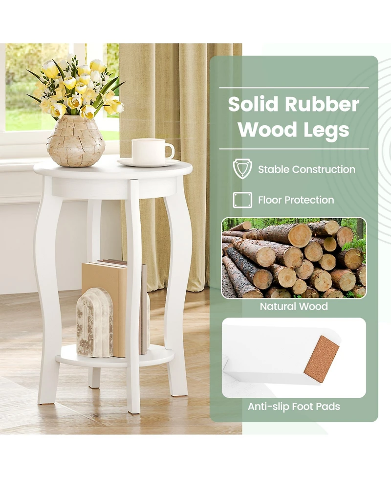 Gymax 2-Tier Round End Table Narrow Sofa Side Nightstand with Storage Shelf and Wood Legs