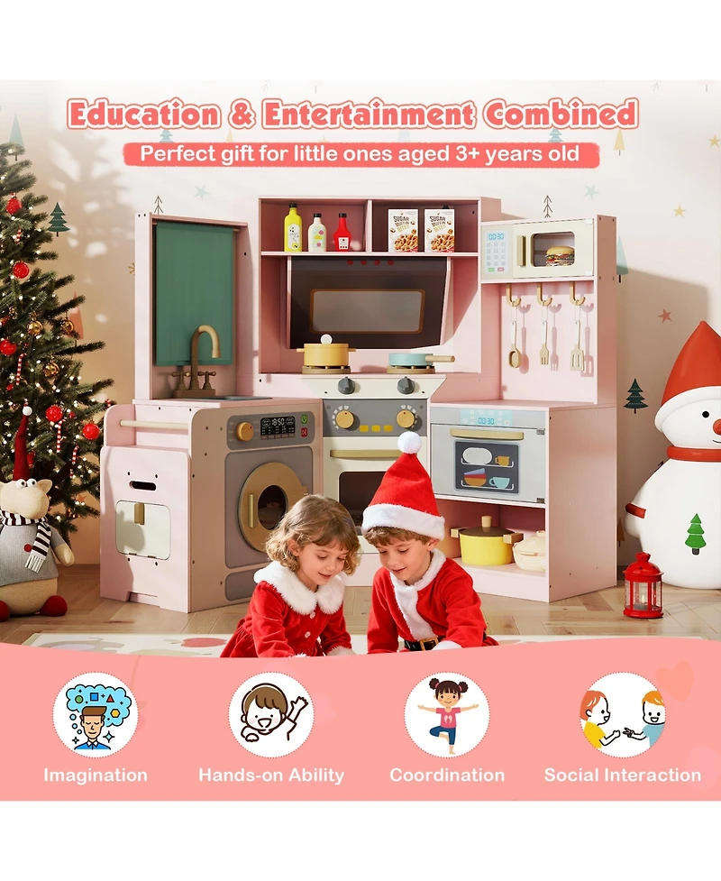 Gymax Corner Kitchen with Lights and Sounds Interactive Wooden Playset for Ages three plus