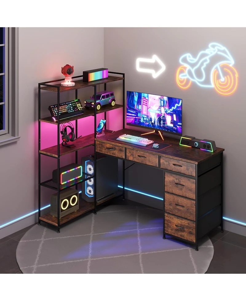 gaomon L-Shaped Gaming Desk with 6 Drawers - Corner Pc Table with Open Shelves, Power Outlets and Led Lights