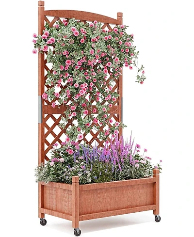 Xo 29.5" Wooden Raised Garden Bed with Trellis and Wheels, Planter Box for Climbing Plants Flowers