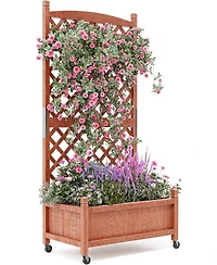 Xo 29.5" Wooden Raised Garden Bed with Trellis and Wheels, Planter Box for Climbing Plants Flowers