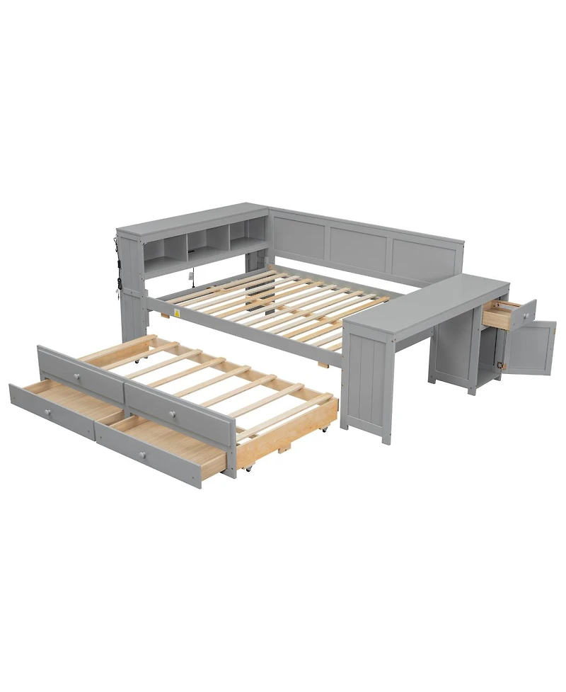 Streamdale Furniture Full Size Daybed with Storage, Trundle, Desk, Charging Station and Led