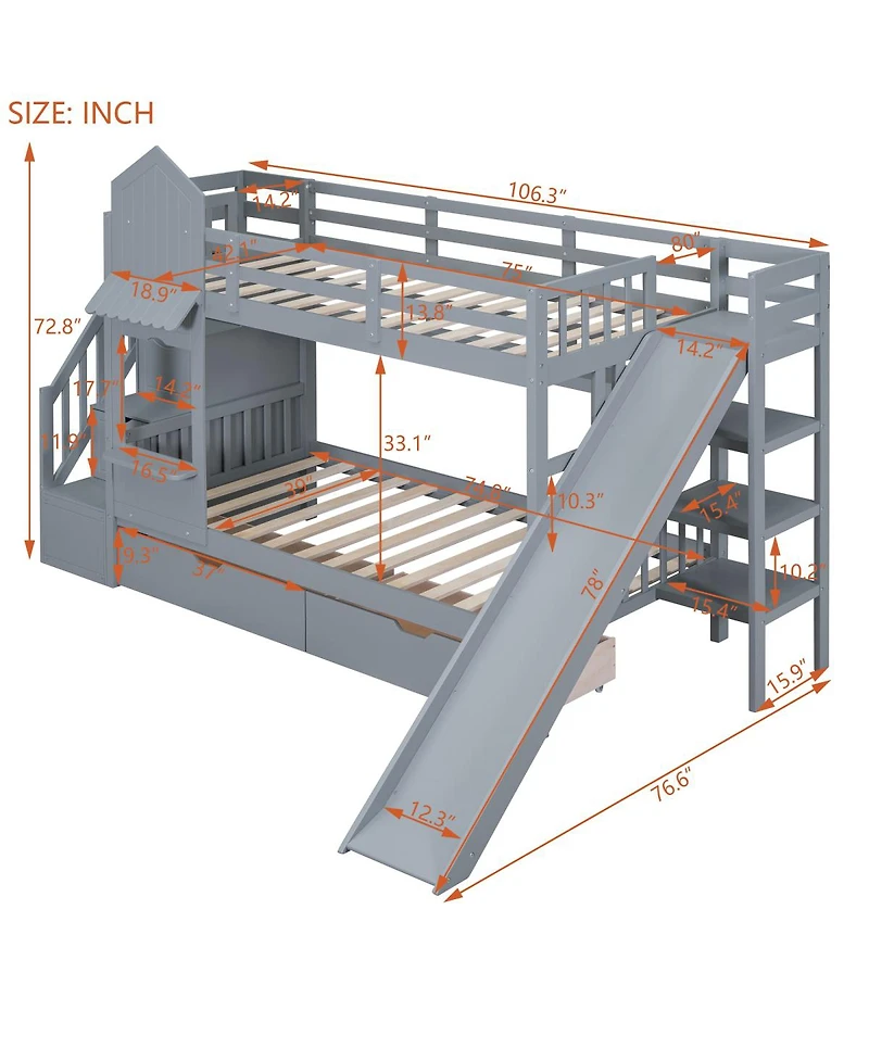 Streamdale Furniture Castle Bunk Bed With Slide, 2 Drawers, 3 Shelves