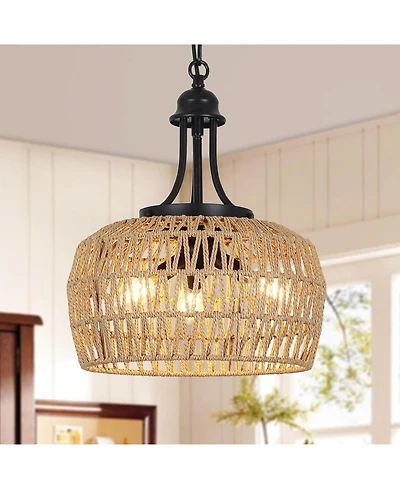 Midola Farmhouse Chandelier for Dining Room, 3-Light Boho Rattan Chandelier Light Fixture Ceiling Hanging with Woven Lampshade