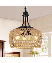 Midola Farmhouse Chandelier for Dining Room, 3-Light Boho Rattan Chandelier Light Fixture Ceiling Hanging with Woven Lampshade