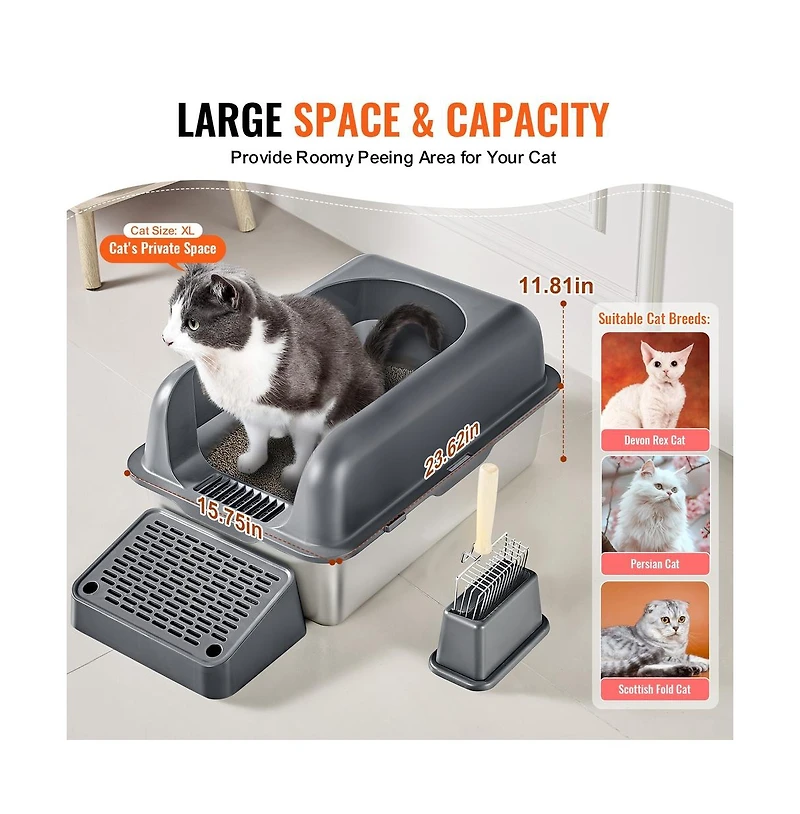 Ruie Xl Stainless Steel Cat Litter Box 6 in Deep with Filter Foot Board and Scoop