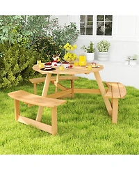 Gymax Kids Outdoor Wooden Picnic Table and Bench Set Umbrella Hole and Built-in Seats