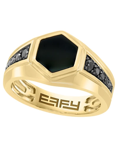 Effy Collection Men's Black Diamond (3/8 ct. t.w.) and Onyx (9.5mm) Ring in 14k Yellow Gold-Plated Sterling Silver