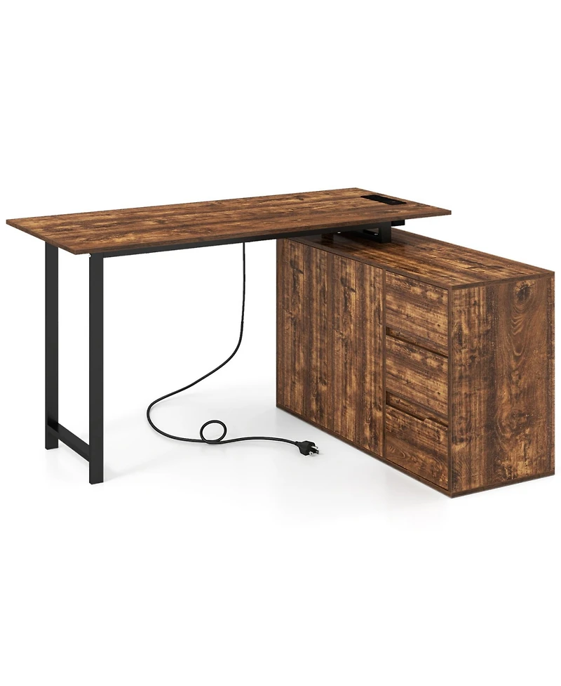 Slickblue L Shaped Computer Desk with File Cabinet and Integrated Power Outlet