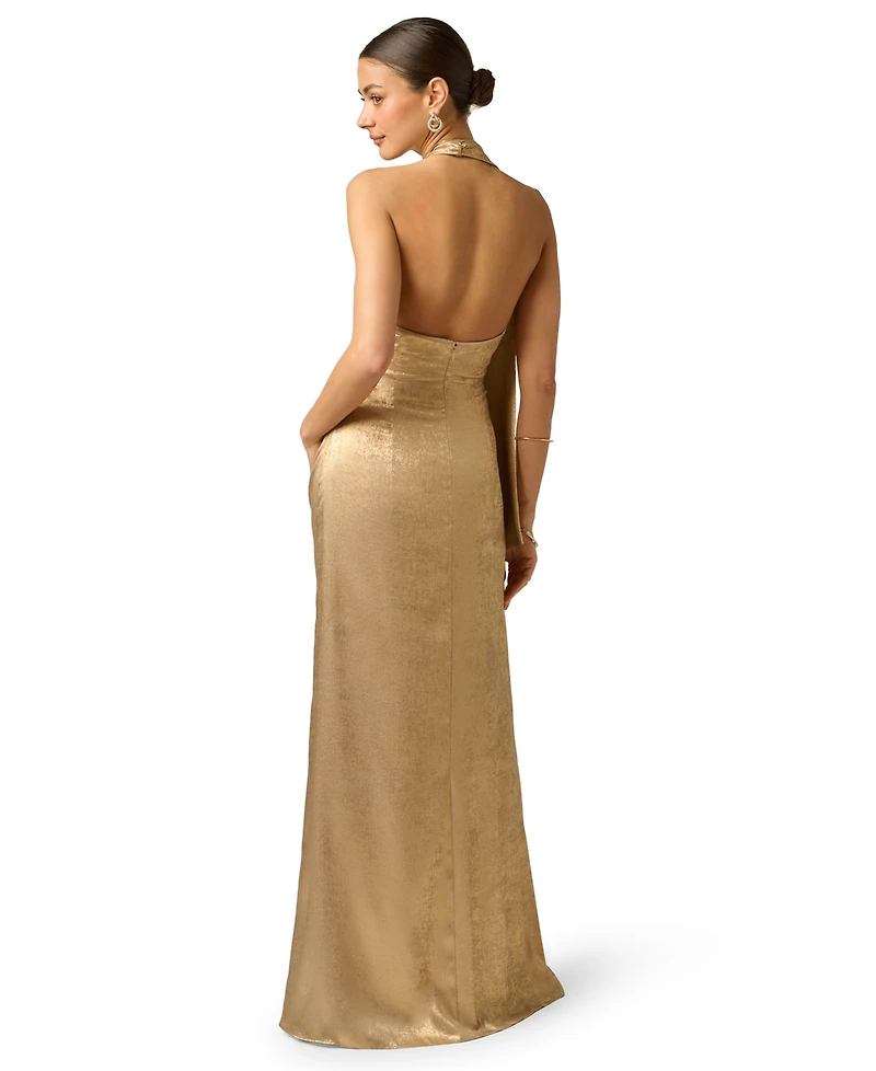 Adrianna Women's Foiled Draped Neck Scarf Pleated Ball Gown
