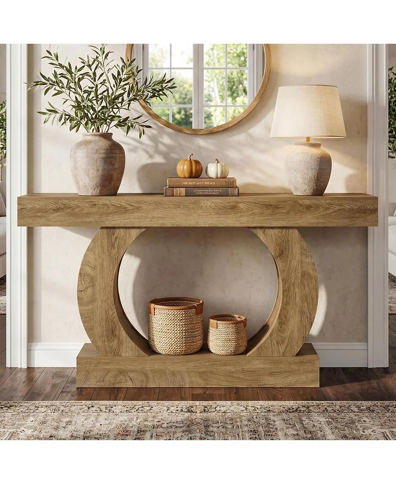 Tribesigns 59-Inch Farmhouse Console Table, Curved Entryway Table with Unique Circular Base, 2-Tier Behind-Couch Console