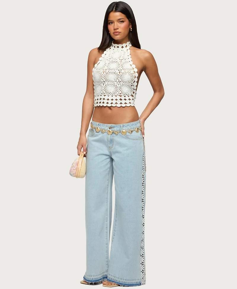 Edikted Women's Backless Crochet High Neck Halter Top