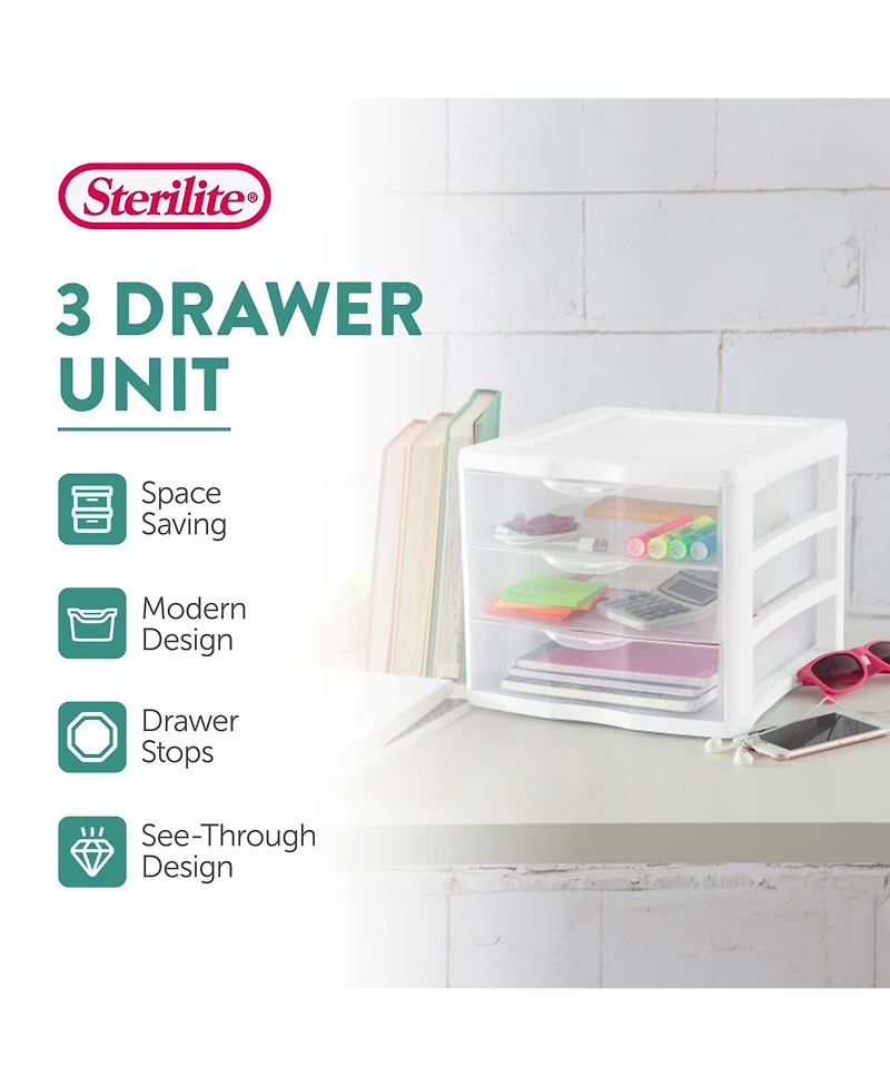 Sterilite ClearView Compact Stacking 3 Drawer Storage Organizer System, (8 Pack)