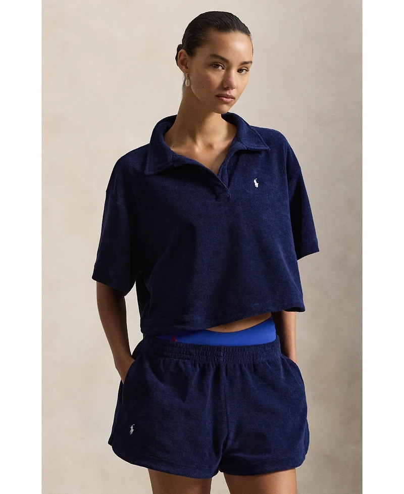 Polo Ralph Lauren Women's Navy Blue Cotton Terry Swimsuit Cover Up Shirt and Short Set