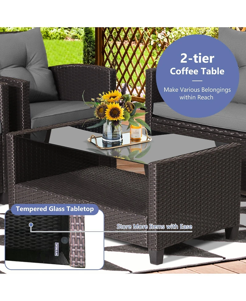 Gymax 8 Pc. Rattan Patio Furniture Set with Glass Table, Shelf and Sofa Cushions