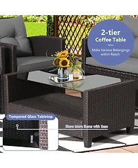 Gymax 8 Pc. Rattan Patio Furniture Set with Glass Table, Shelf and Sofa Cushions