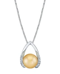Macy's Cultured Golden South Sea Pearl (10mm) & Diamond (1/10 ct. t.w.) Pendant Necklace in Sterling Silver