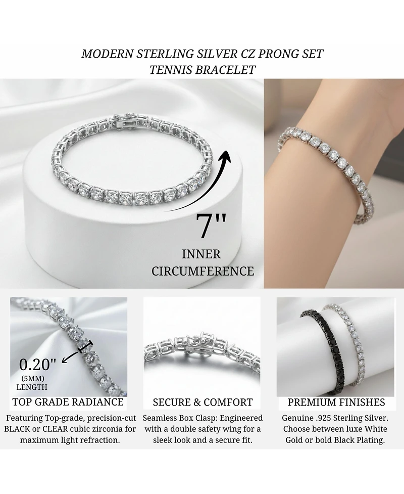 Sterling Silver White Gold Plated with 5mm Round Prong Set Cubic Zirconia Tennis Bracelet