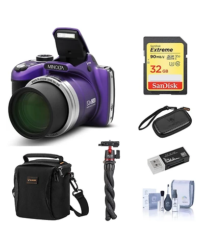 Minolta MN53Z 16MP Fhd Digital Camera with 53x Optical Zoom, Wi-Fi, Bundle with Shoulder Bag, Octopus Tripod, 32GB Sd Card, Reader, Card Case
