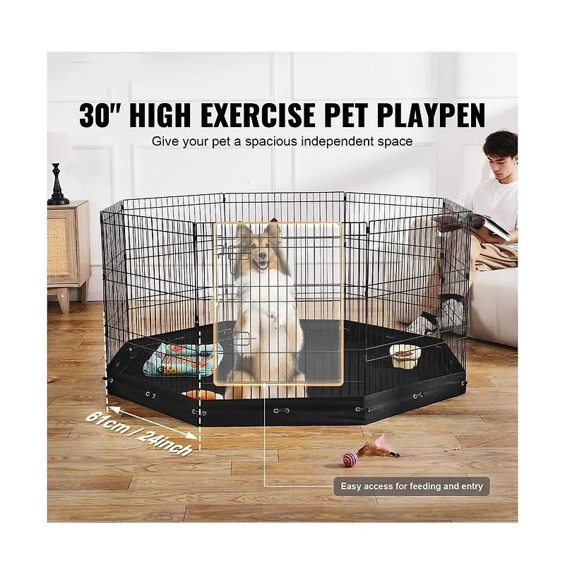 Ruie 8 Panel Foldable Metal Dog Exercise Pen with Bottom Pad 30 in H x 24 in W