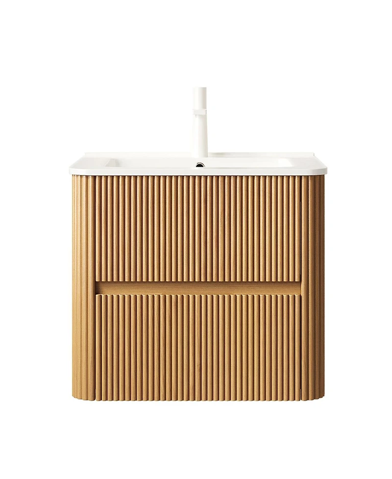 Sillysis Floating Wall Mounted Bathroom Vanity with Ceramic Sink, Soft Close Drawers and Retro Natural Plywood Cabinet for Small Bathrooms-Sillysis