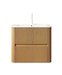 Sillysis Floating Wall Mounted Bathroom Vanity with Ceramic Sink, Soft Close Drawers and Retro Natural Plywood Cabinet for Small Bathrooms-Sillysis