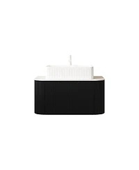 Sillysis Wall Mounted Bathroom Vanity with Ceramic Sink, Matte Stripe Plywood Cabinet, Soft Close Drawer